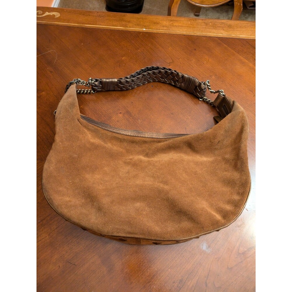 Donald Pliner Camel Suede/Metallic Cresent Studded Trim Hobo Purse - Picture 3 of 16